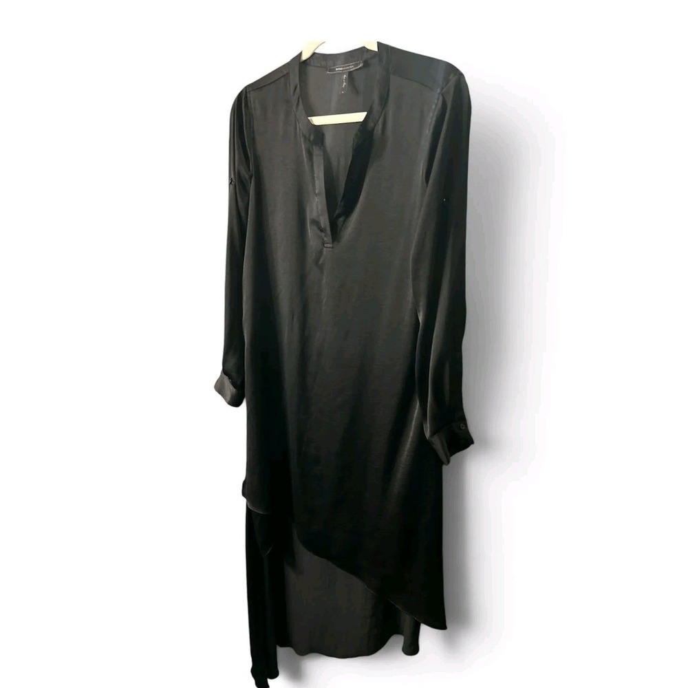 BCBGMAXAZRIA Eddie Asymmetrical Black Satin Dress Long Sleeve V-Neck Small - Picture 2 of 6
